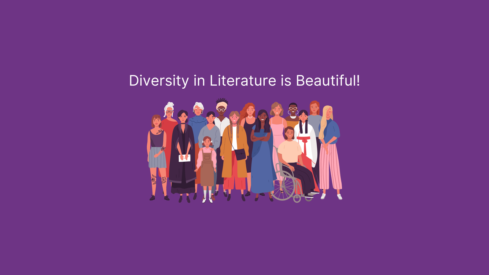 Diversity in Literature is Beautiful! Purple blog banner with diverse group of people.