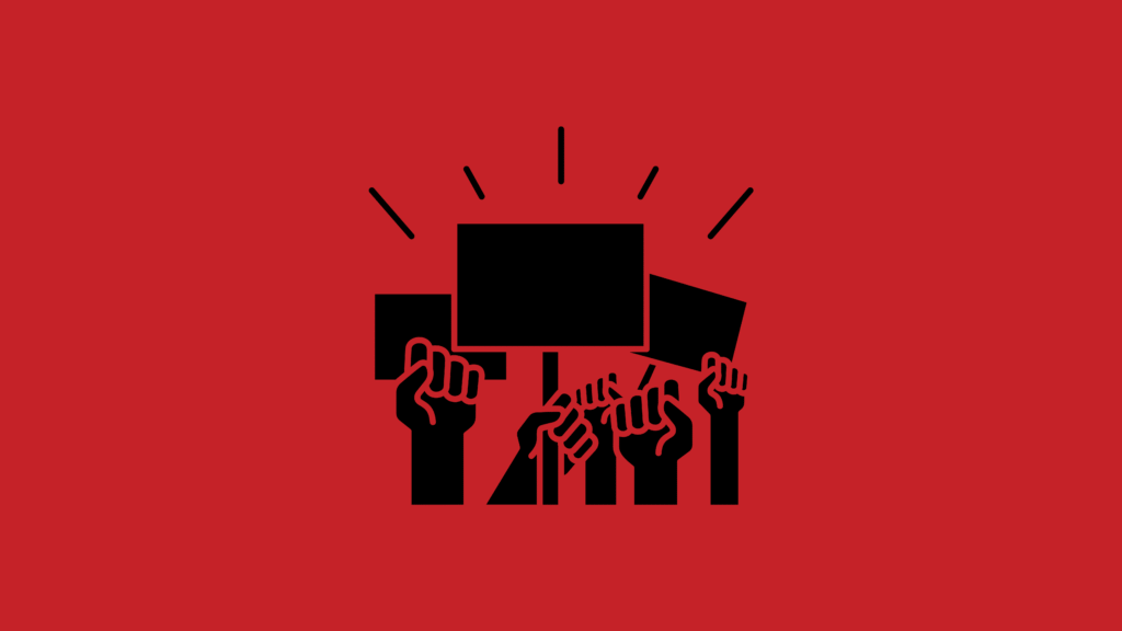 Teachers striking with signs - red banner