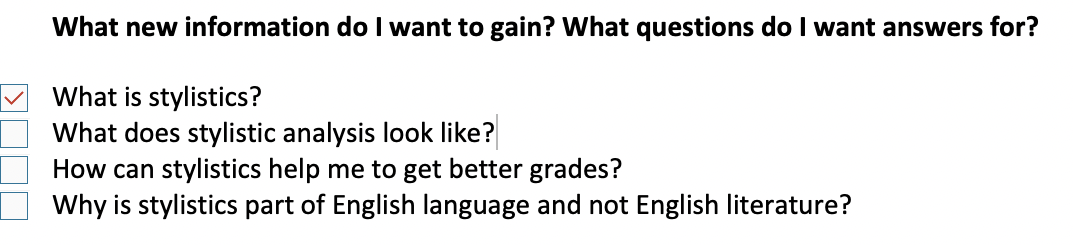 An example of asking questions before taking notes in the form of a checklist.