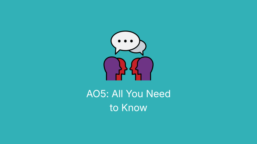 Graphic of two people discussing with speech bubble. Teal background with text saying 'AO5: All You Need to Know'.
